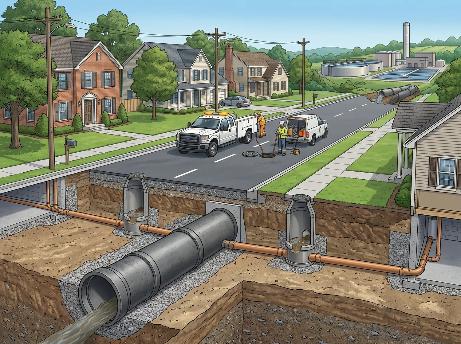 McCandless Plumbing & Excavation workers check pipes to ensure safe, reliable water flow for homes in the neighborhood.