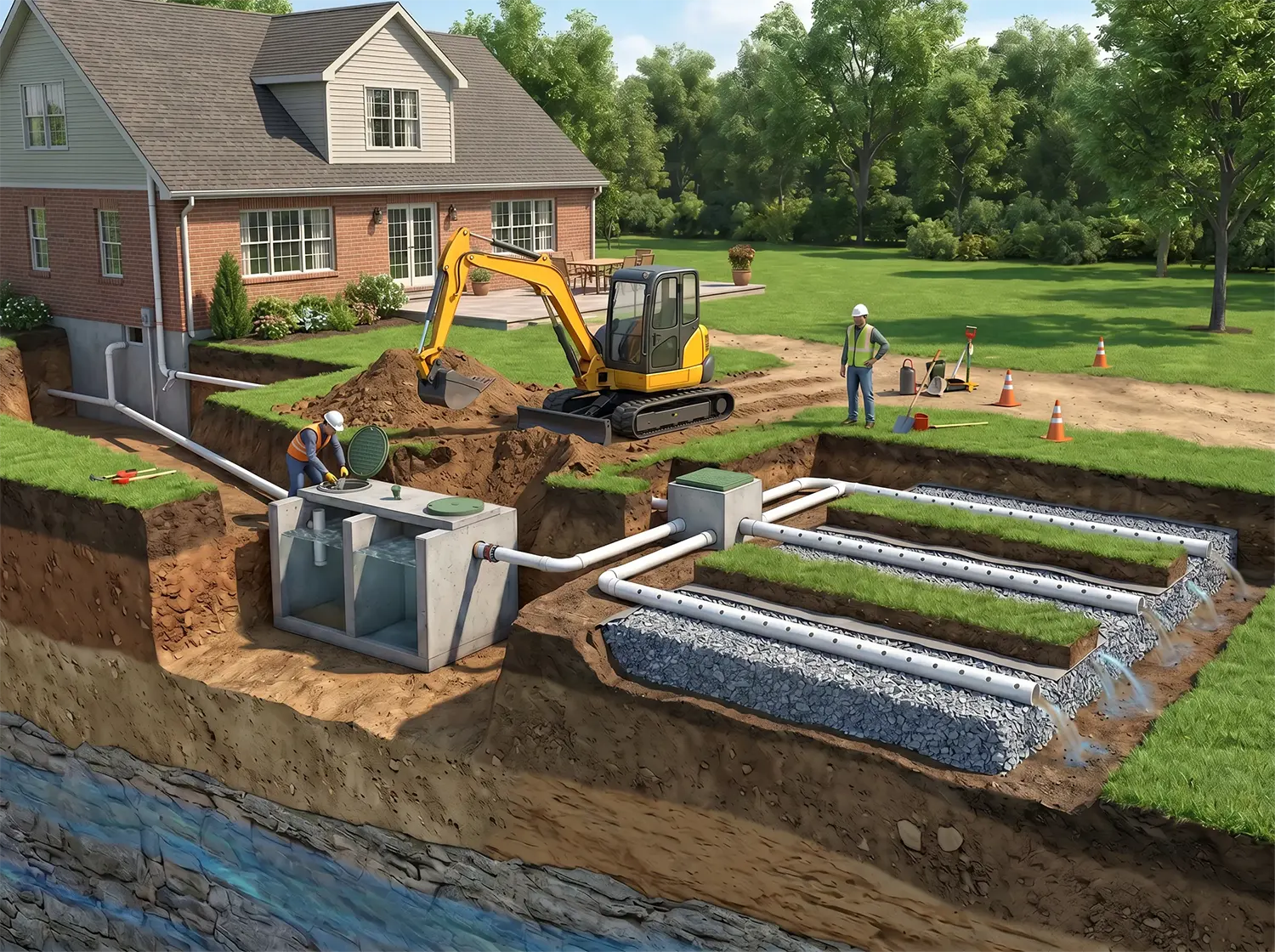 McCandless Plumbing & Excavation workers install a new septic system beside a house, showing skill and care for homes.