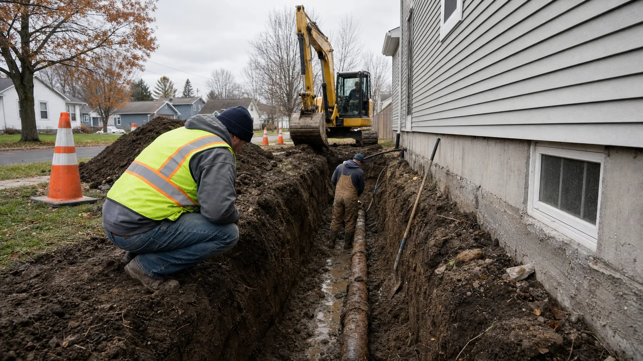 McCandless Plumbing & Excavation workers fix a pipe near a home, showing expertise and safety on the job.