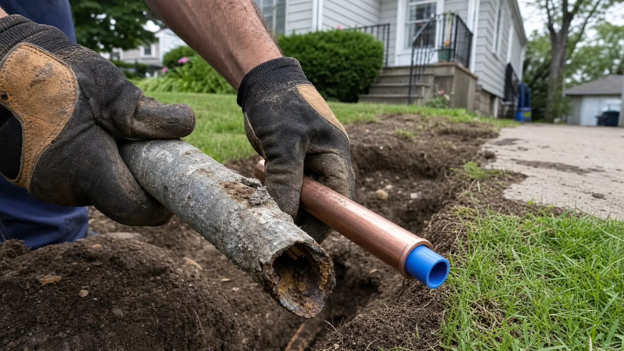 McCandless Plumbing & Excavation replaces an old metal pipe with new copper pipe for a home's plumbing repair.