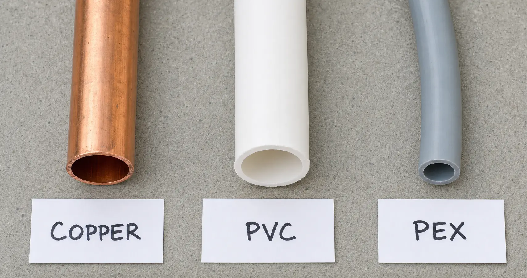 McCandless Plumbing & Excavation shows the difference between copper, PVC, and PEX pipes for easy understanding.