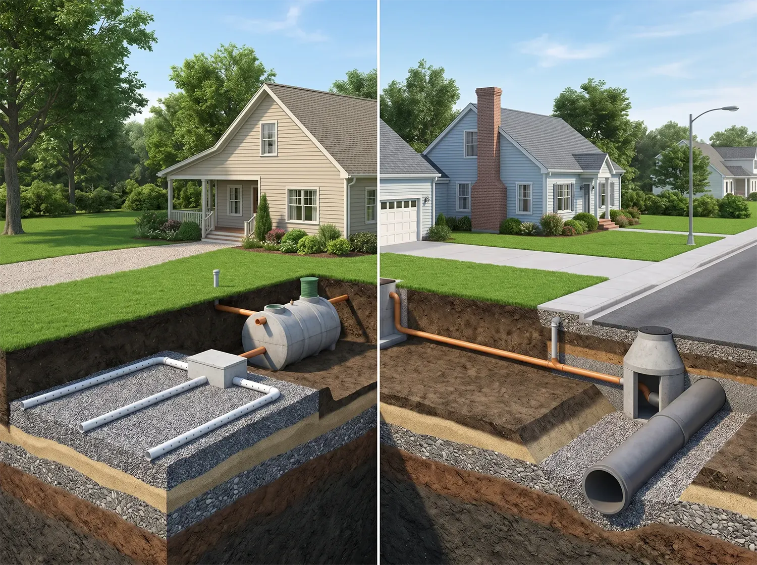 McCandless Plumbing & Excavation shows septic systems vs. public sewer connections for two homes’ waste removal.