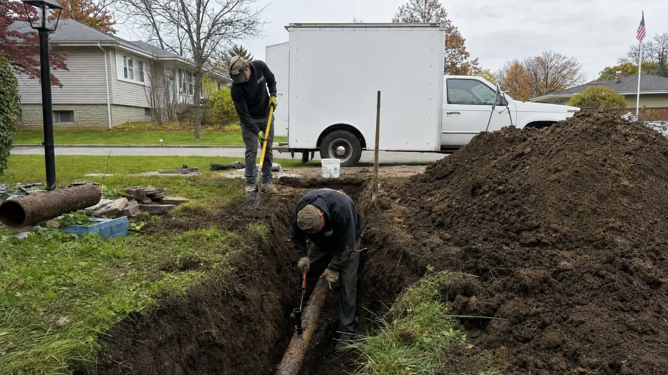 McCandless Plumbing & Excavation team fixes a broken pipe in a yard, helping homeowners solve plumbing problems.