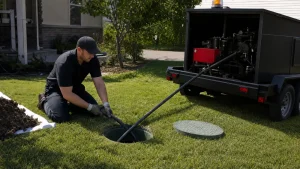 McCandless Plumbing & Excavation services a septic tank outdoors using special equipment for proper maintenance.