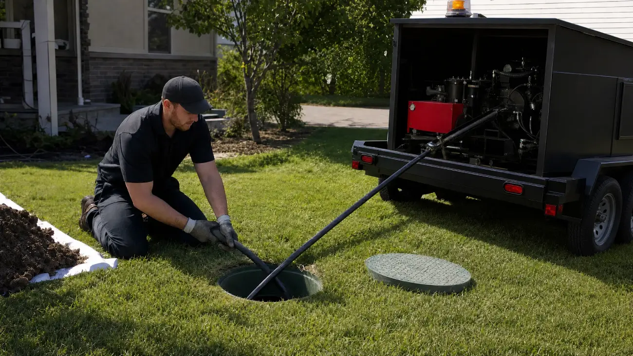 McCandless Plumbing & Excavation services a septic tank outdoors using special equipment for proper maintenance.