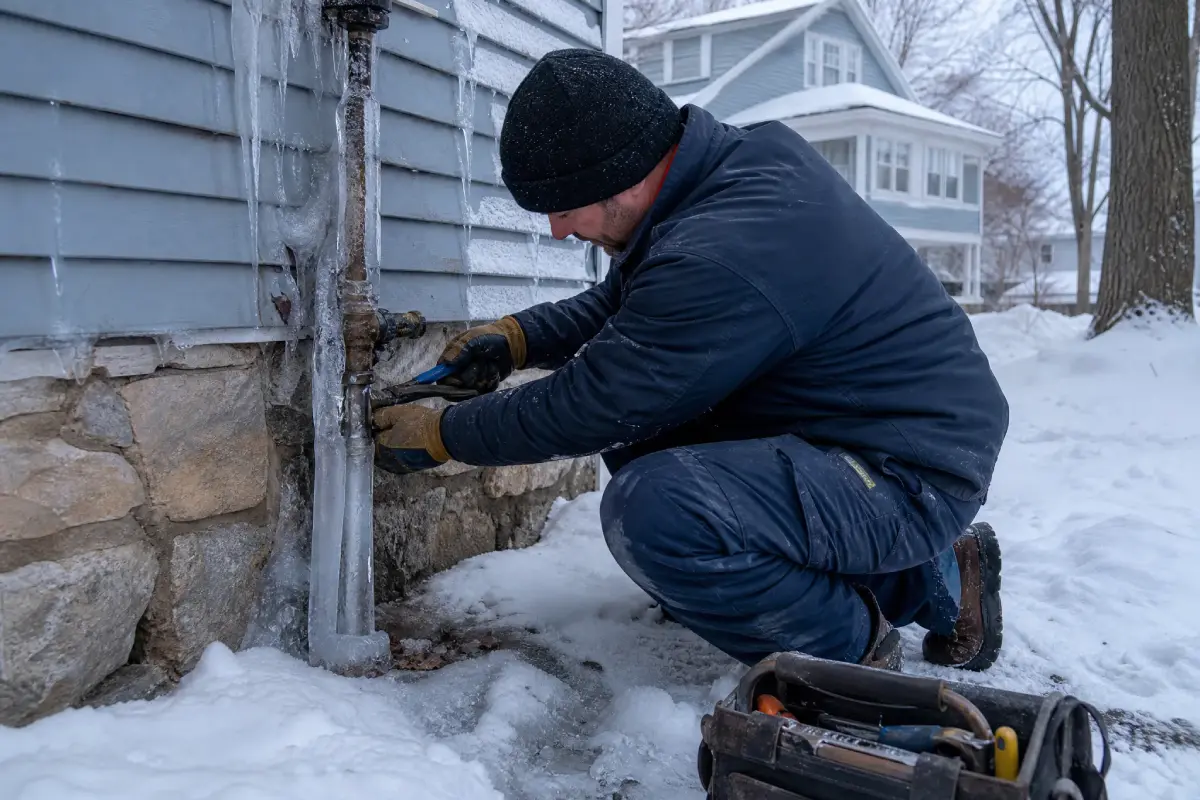 McCandless Plumbing & Excavation fixes a frozen water pipe outside a snowy house during winter.