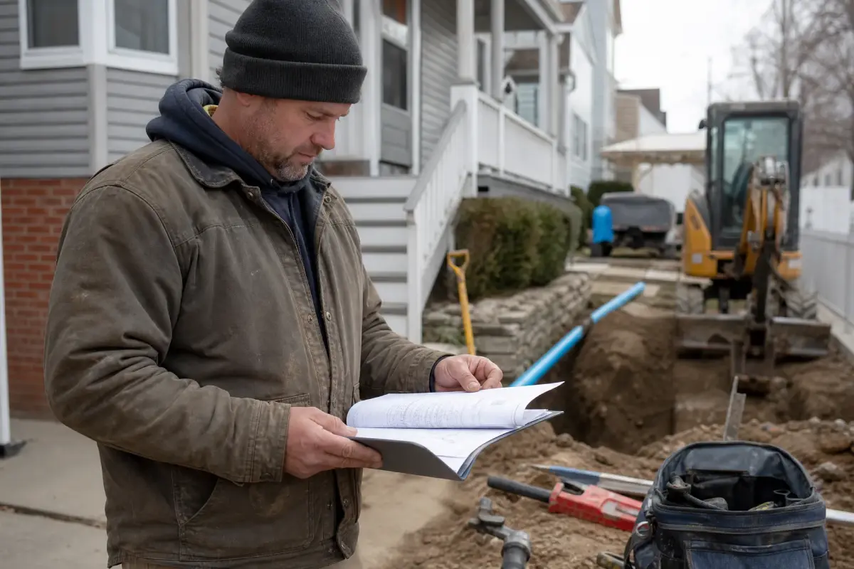 A McCandless Plumbing & Excavation worker reviews plans at a home building site, showing careful project preparation.