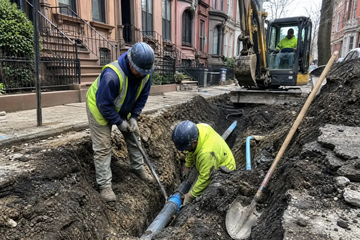 McCandless Plumbing & Excavation crew installs a pipe in the city, showing teamwork and safety at work.