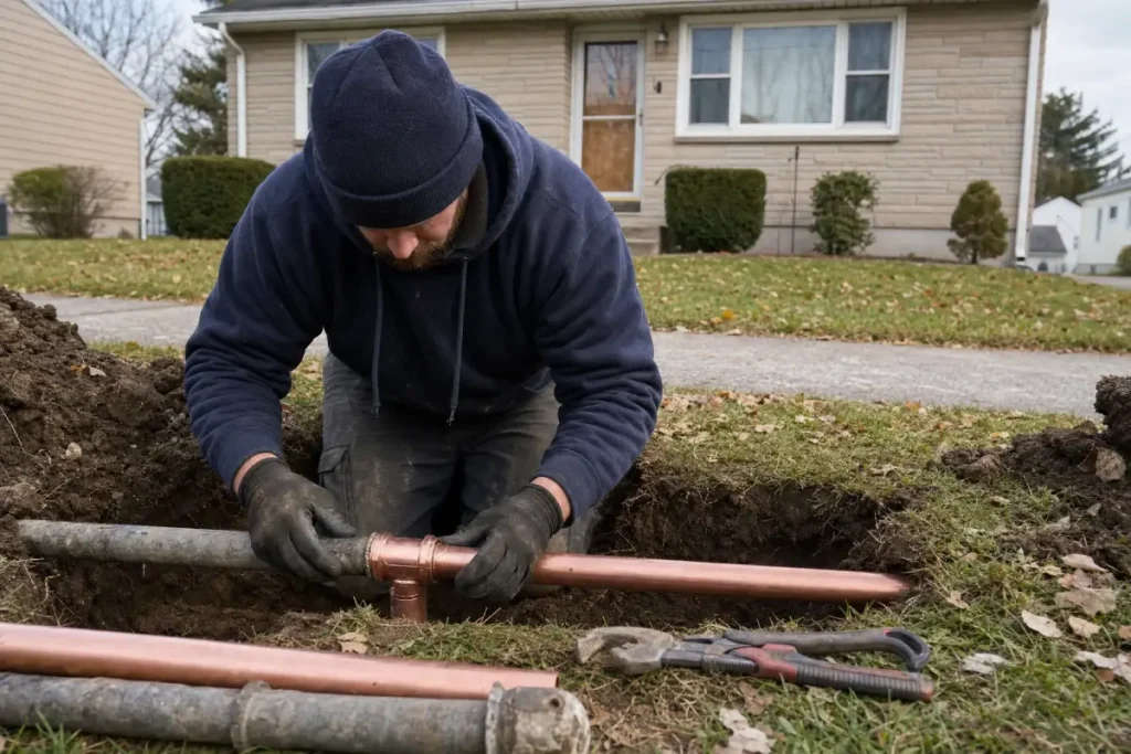 A McCandless Plumbing & Excavation worker installs new copper pipes outside a home to improve plumbing.