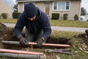 A McCandless Plumbing & Excavation worker installs new copper pipes outside a home to improve plumbing.