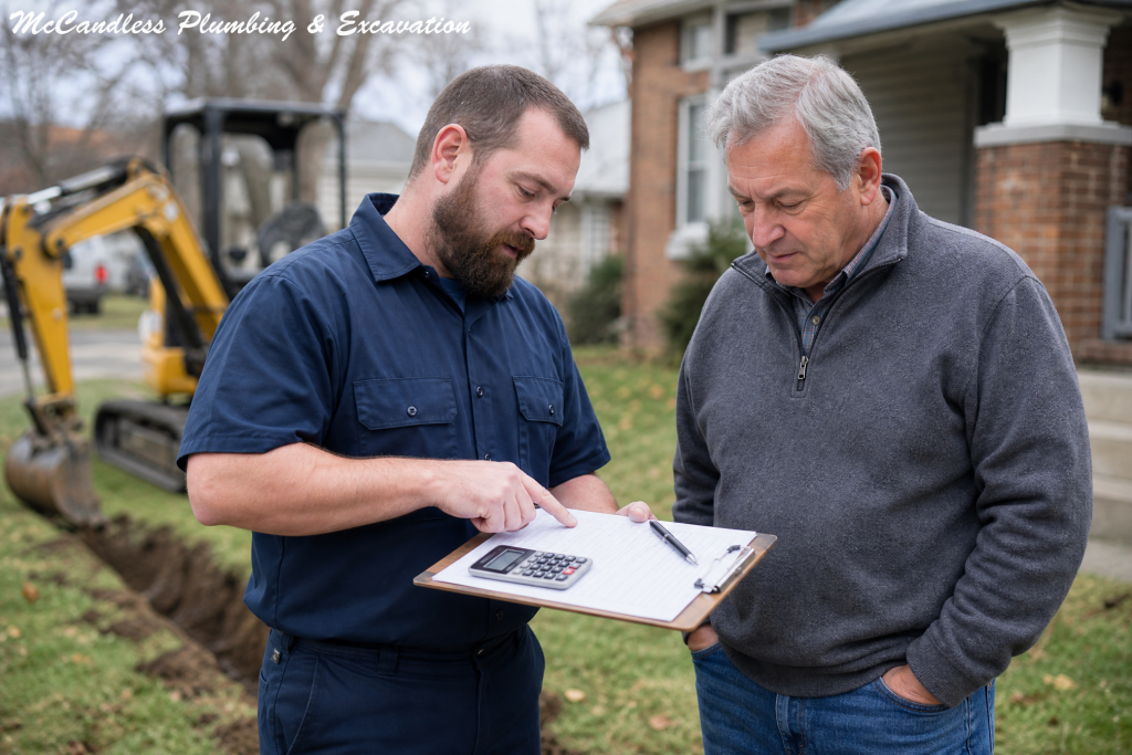 McCandless plumber reviewing a written sewer line repair estimate with a Jamestown, NY homeowner