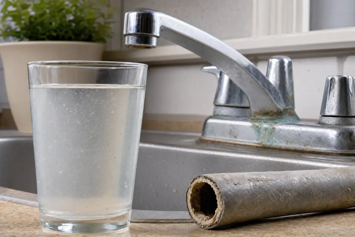 Cloudy water near a broken pipe shows why calling McCandless Plumbing & Excavation helps keep your home's water safe.