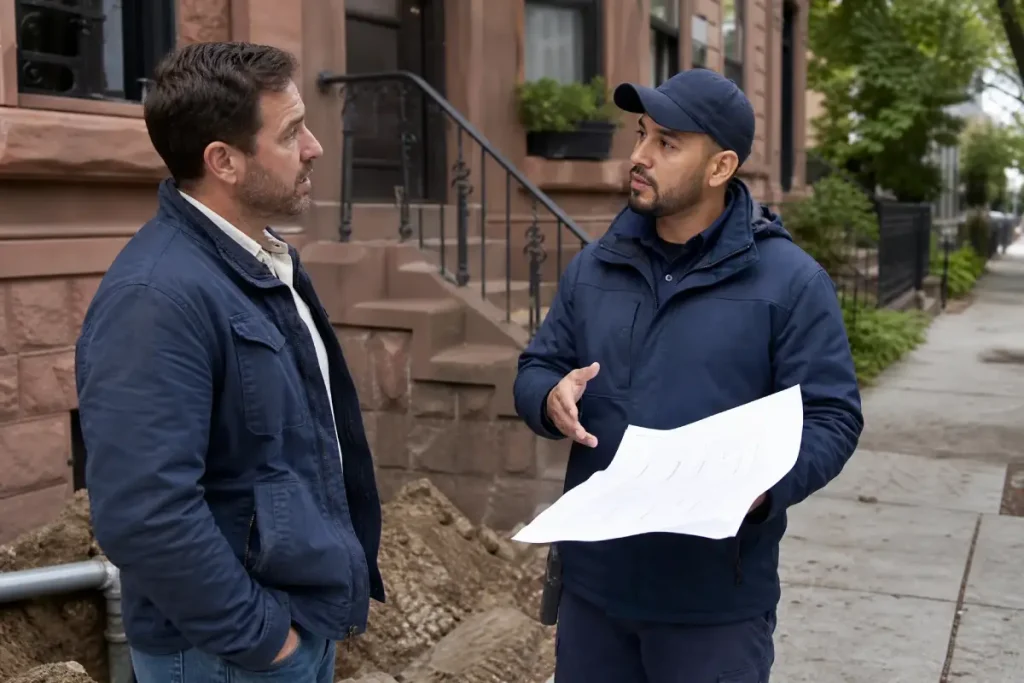 McCandless Plumbing & Excavation staff discuss renovation plans outside a building, checking progress on the construction site.