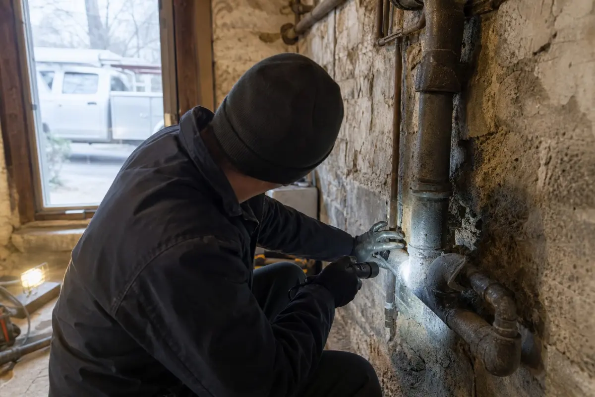 A McCandless Plumbing & Excavation worker fixes old pipes in a basement, shining a flashlight to see clearly.