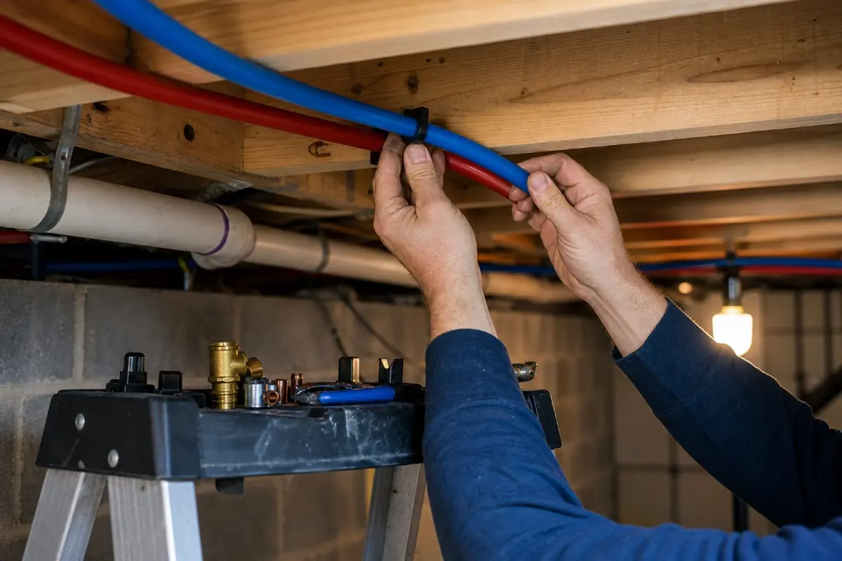 A McCandless Plumbing & Excavation worker carefully fixes a pipe in a basement, showing expert and safe plumbing service.