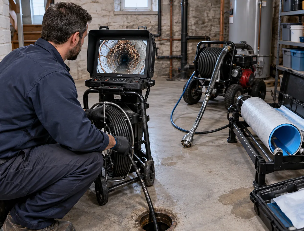 A McCandless Plumbing & Excavation worker checks a basement pipe’s inside using a camera, showing expert problem-solving.