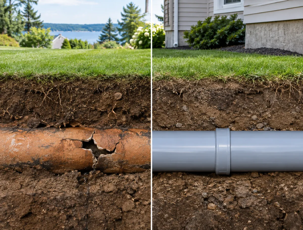 McCandless Plumbing & Excavation replaced a broken pipe with a new one, showing the problem and solution together.