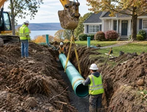 McCandless Plumbing & Excavation team uses an excavator to put a big green pipe in place for a house project.