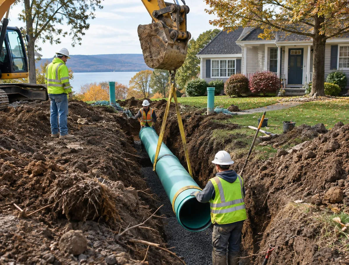 McCandless Plumbing & Excavation team uses an excavator to put a big green pipe in place for a house project.