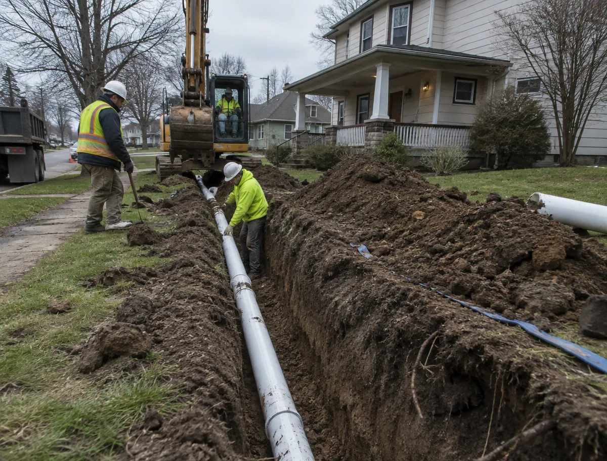 McCandless Plumbing & Excavation team installs a new pipe for home plumbing with workers carefully checking the fit.
