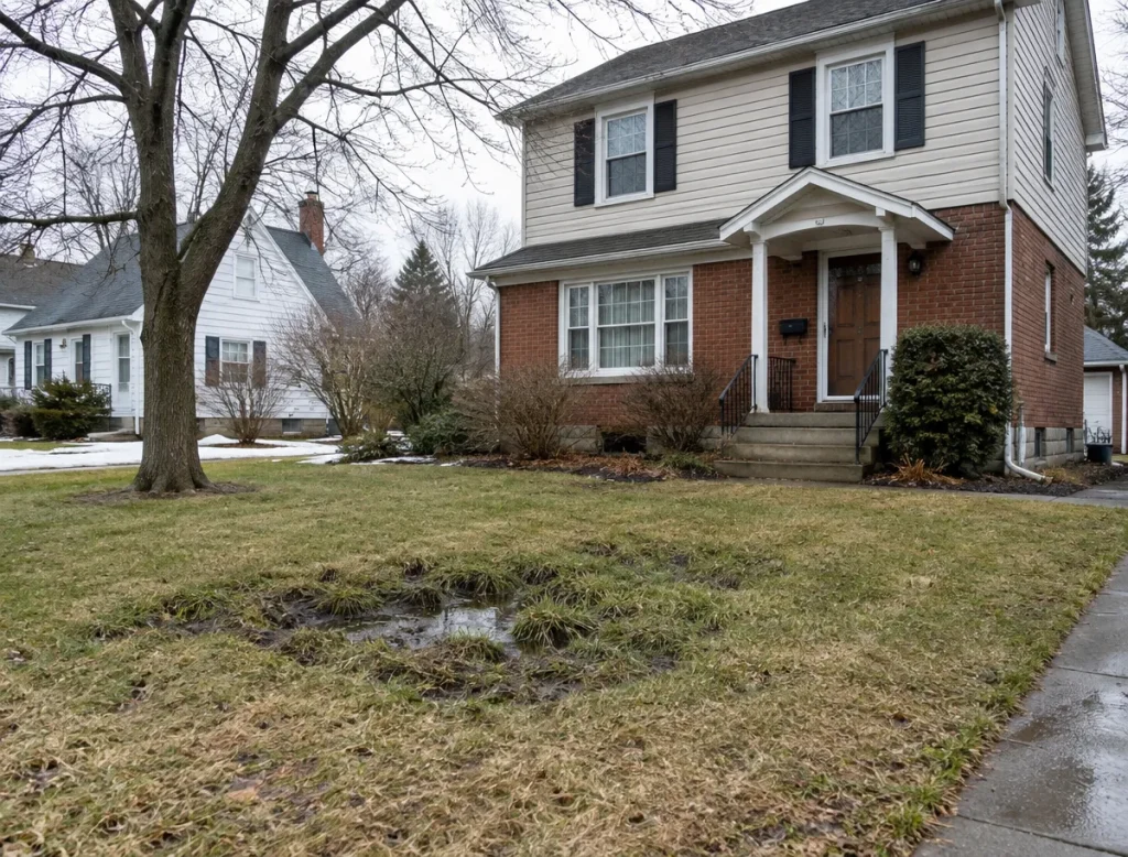 A home with a muddy yard needs help from McCandless Plumbing & Excavation after snow has melted in the area.