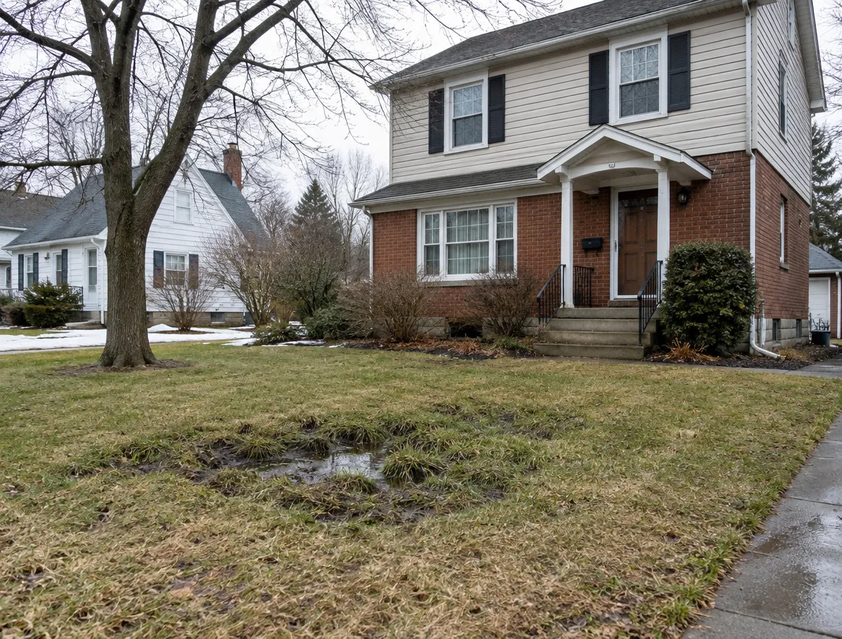 A home with a muddy yard needs help from McCandless Plumbing & Excavation after snow has melted in the area.