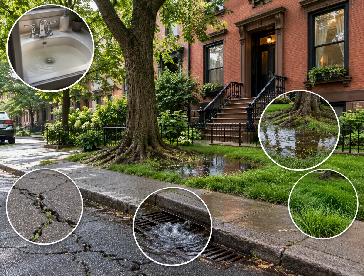 The image shows how water leaks can damage streets and yards, highlighting McCandless Plumbing & Excavation’s services.
