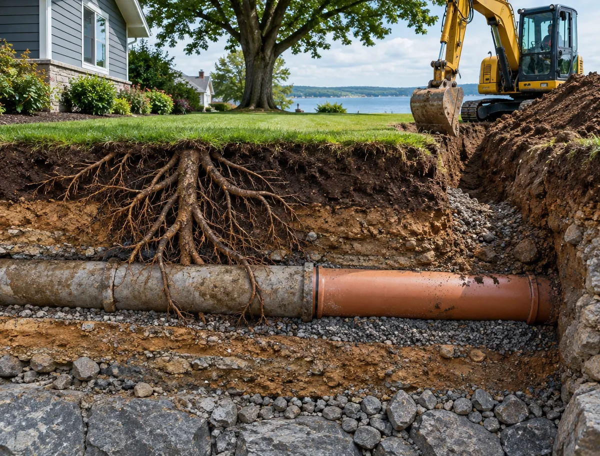 McCandless Plumbing & Excavation works to replace old yard pipes safely near homes and lakes.