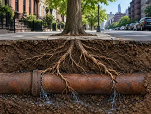 McCandless Plumbing & Excavation shows how tree roots can break water pipes and cause leaks under city sidewalks.