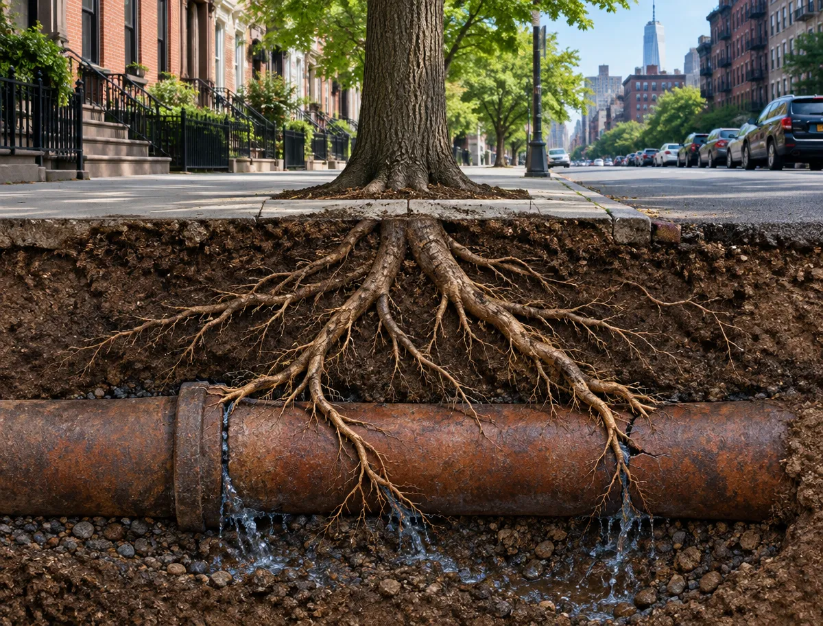 McCandless Plumbing & Excavation shows how tree roots can break water pipes and cause leaks under city sidewalks.