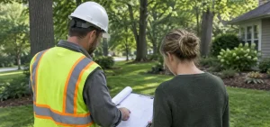 A McCandless Plumbing & Excavation worker shares project plans with a customer in a peaceful neighborhood setting.