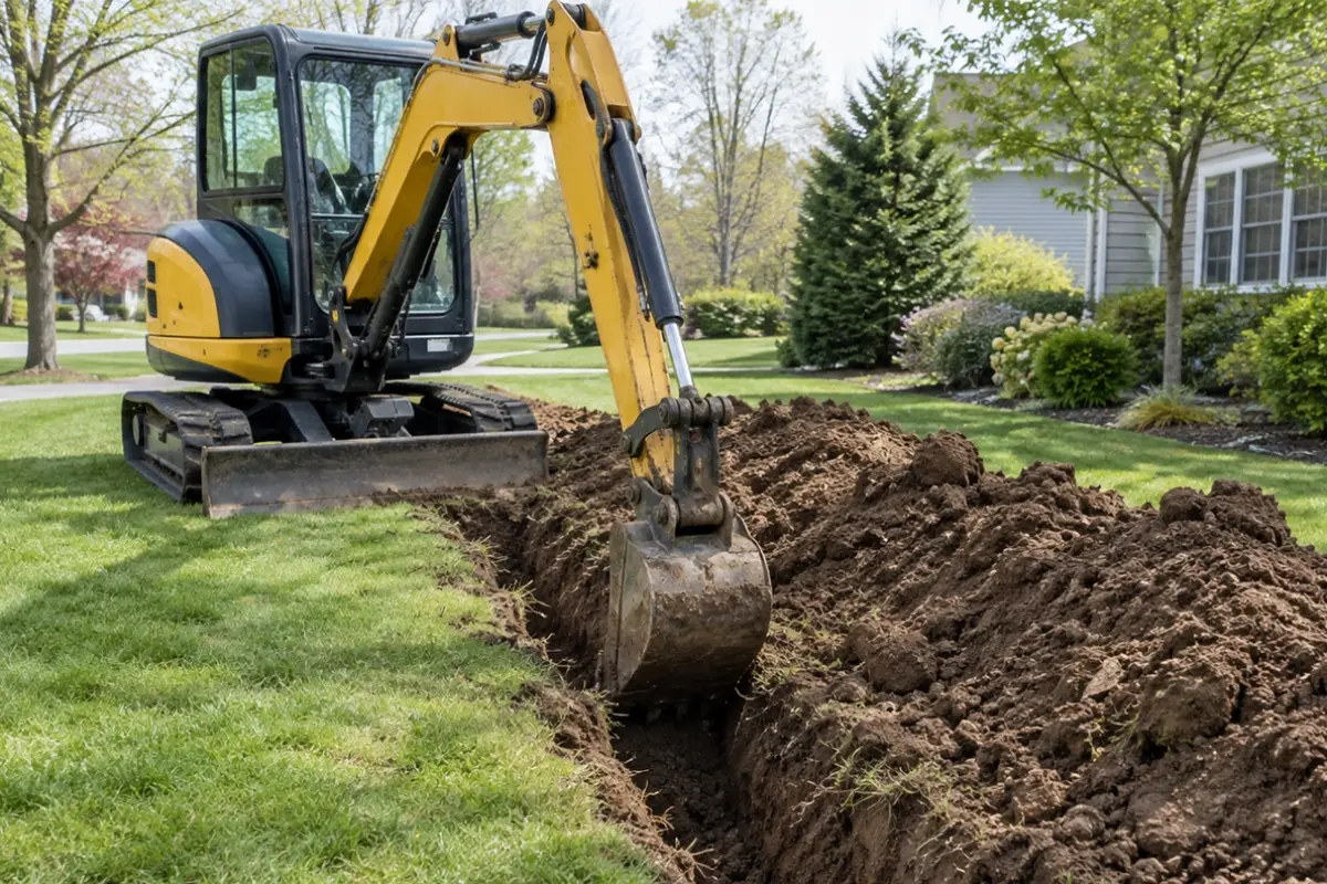 McCandless Plumbing & Excavation works in a residential yard, using equipment to dig for plumbing or construction needs.