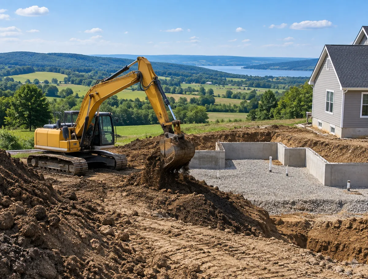 McCandless Plumbing & Excavation digging dirt at a home construction site.