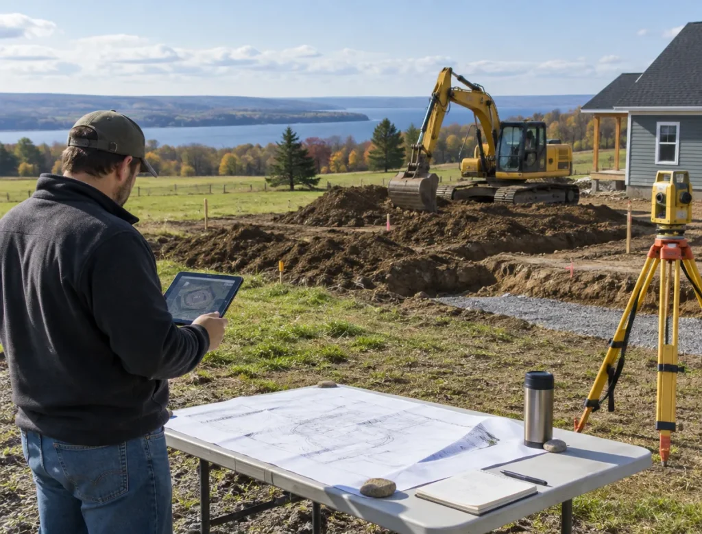 A McCandless Plumbing & Excavation worker reviews construction plans on a digital tablet at the job site.