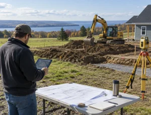 A McCandless Plumbing & Excavation worker reviews construction plans on a digital tablet at the job site.