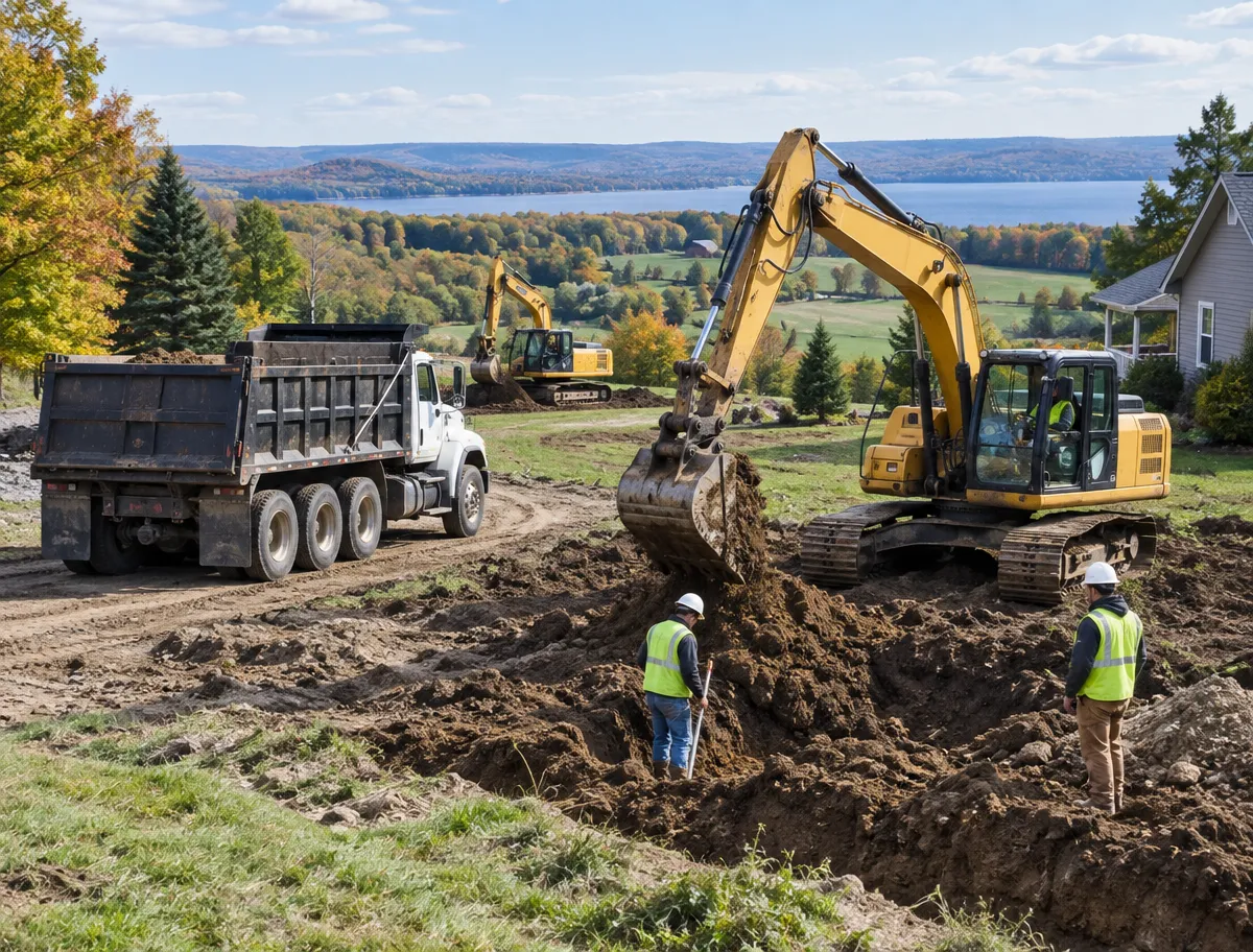 McCandless Plumbing & Excavation workers watch an excavator dig a trench at a construction site.