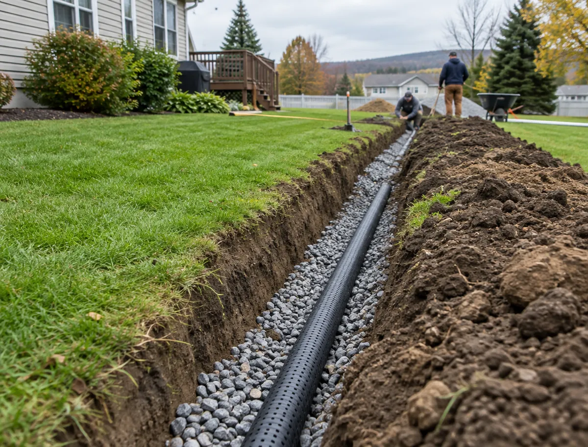 A McCandless Plumbing & Excavation worker installs a drainage pipe in a gravel trench at a home.