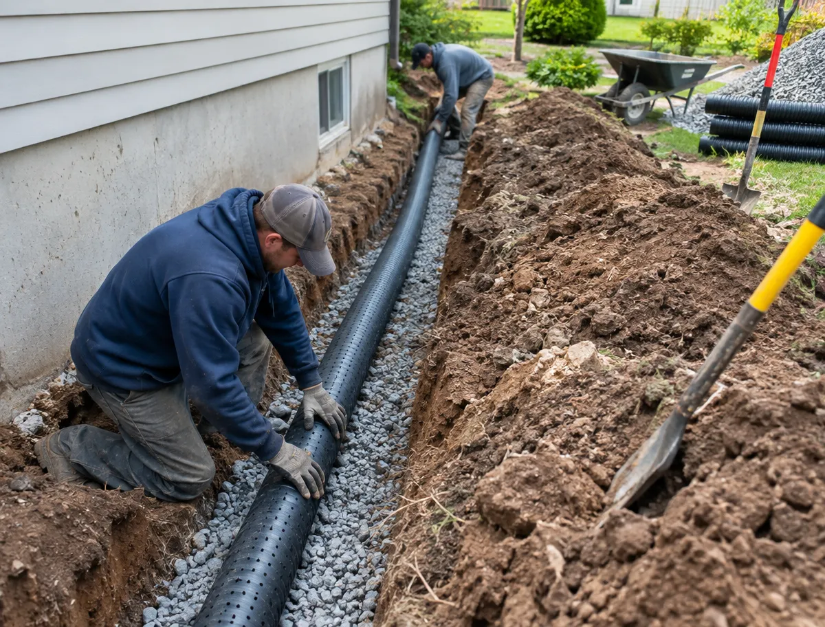 McCandless Plumbing & Excavation workers putting in a new drainage pipe next to a home.