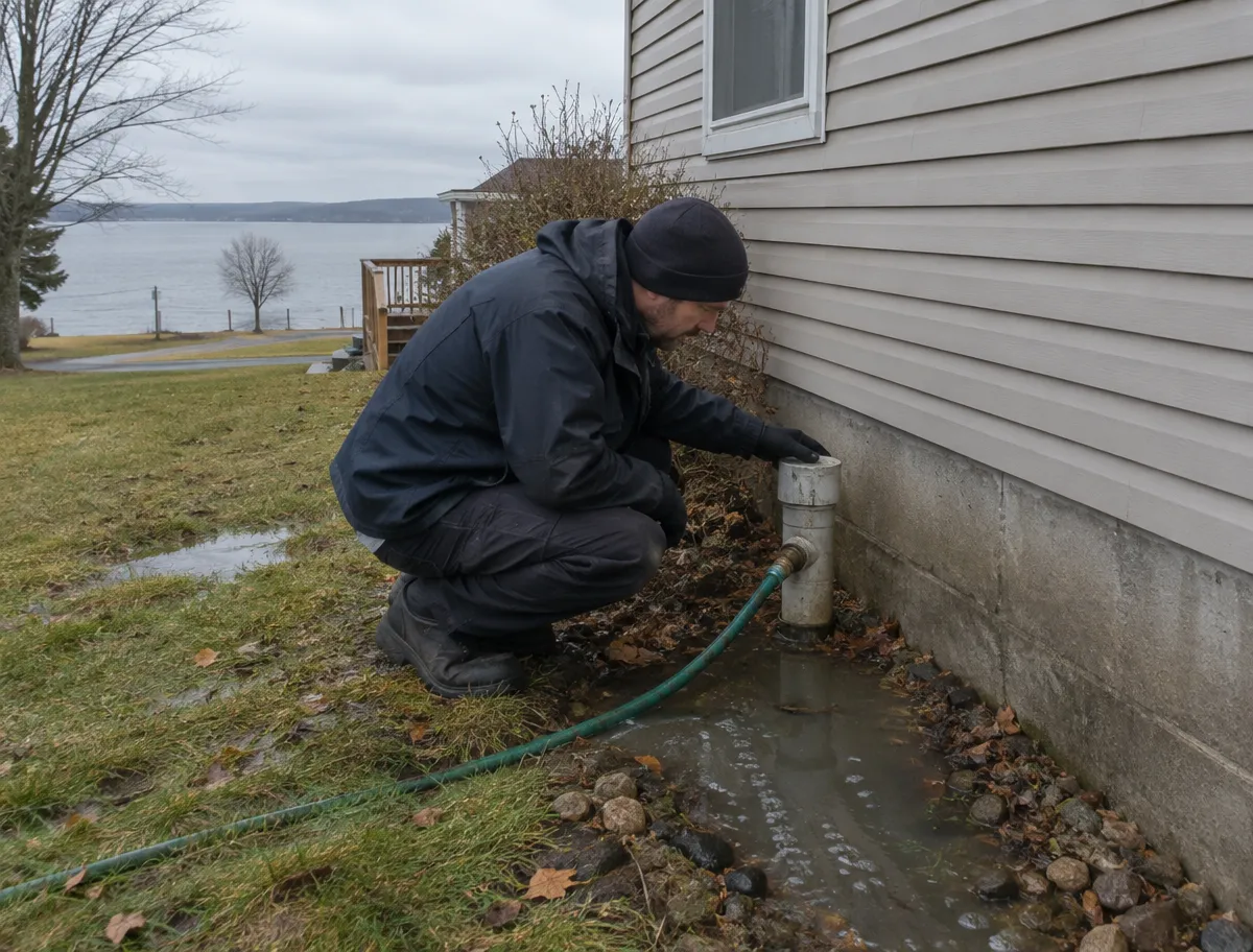 A worker from McCandless Plumbing & Excavation checks a water pipe outside a house.