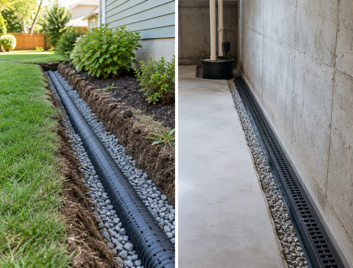 McCandless Plumbing & Excavation installs outdoor drainage pipes and a basement floor drain.