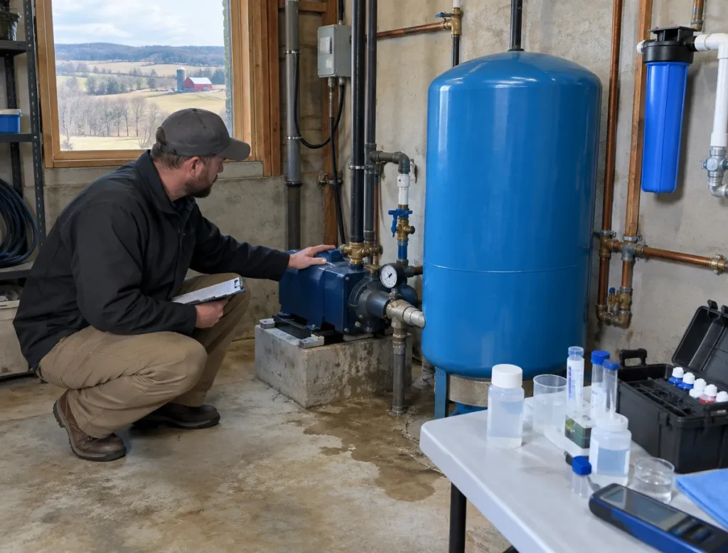 A McCandless Plumbing & Excavation technician checks a home’s water pump and pressure tank.