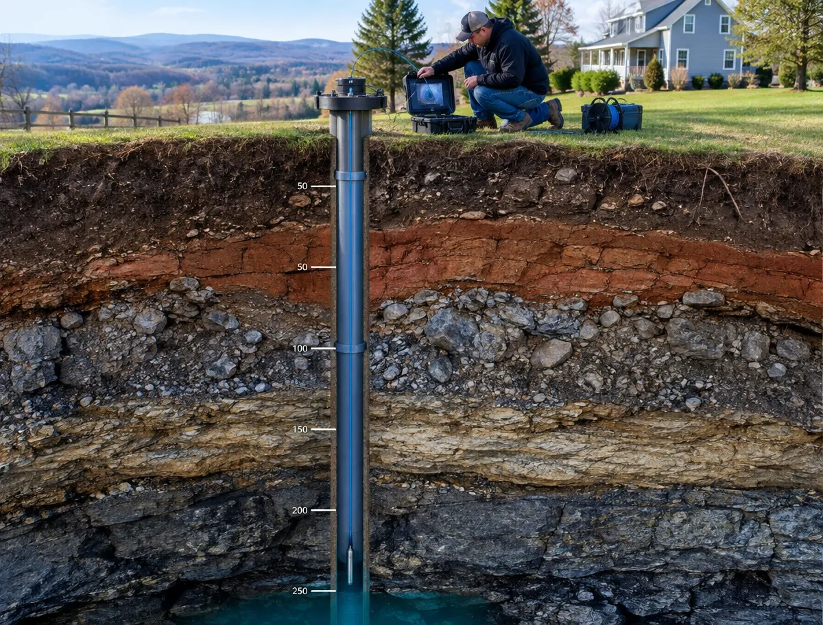 A McCandless Plumbing & Excavation technician checks a deep well camera video.