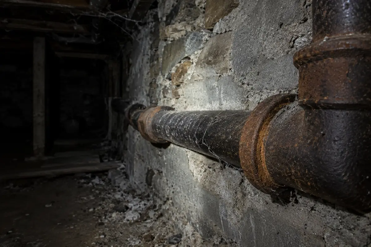 A rusted pipe needing repair by McCandless Plumbing & Excavation under a house.