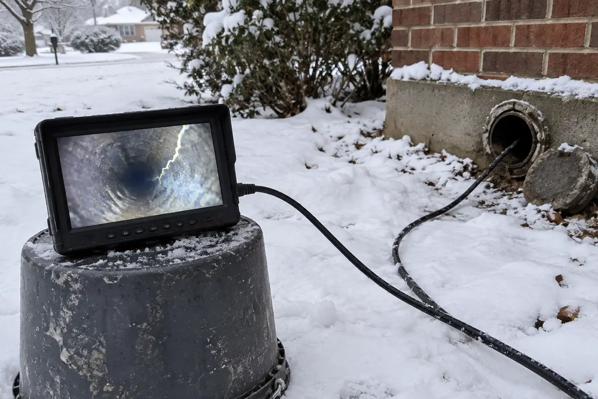 McCandless Plumbing & Excavation uses a camera to inspect a pipe during snowy weather.