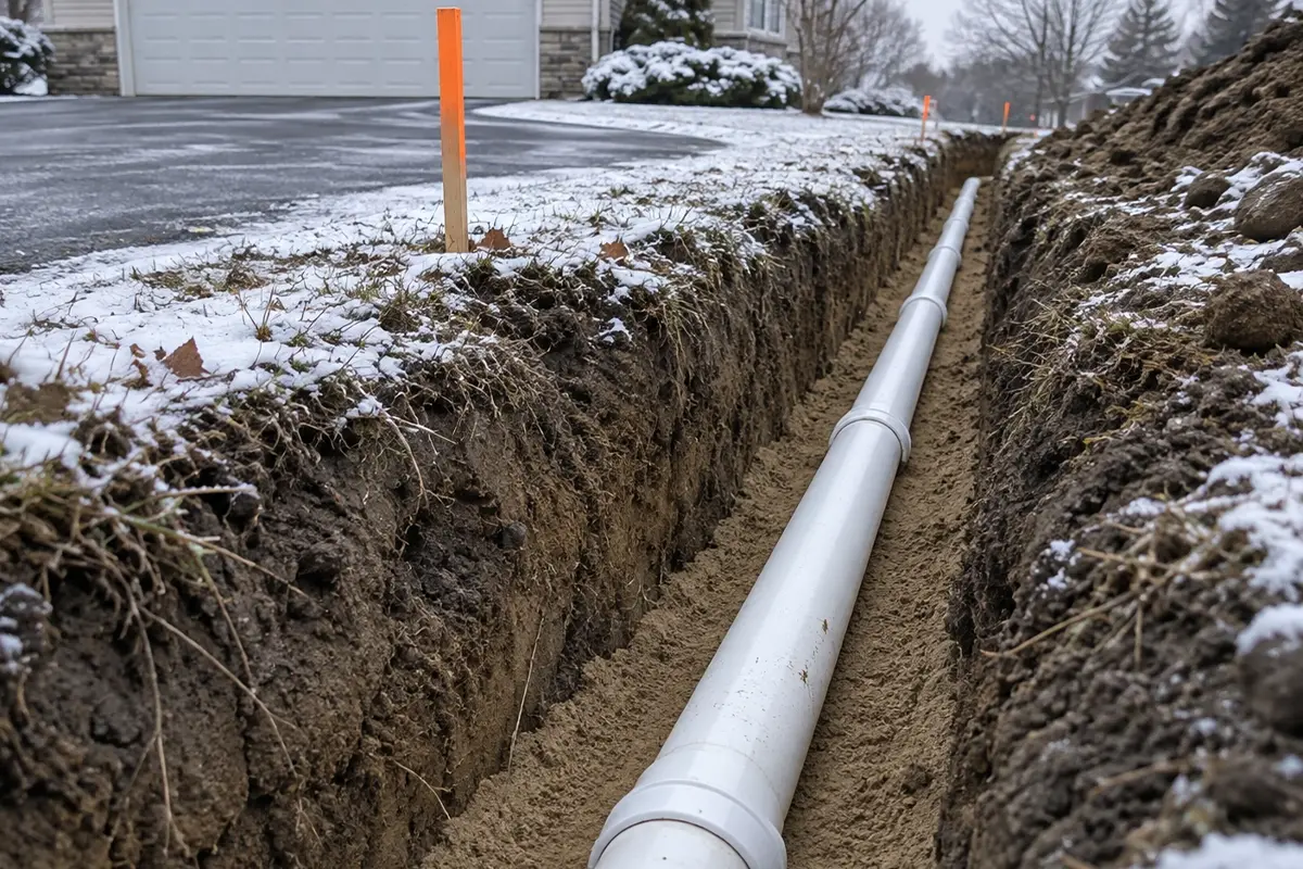 A long white pipe being installed for a McCandless Plumbing & Excavation home project.