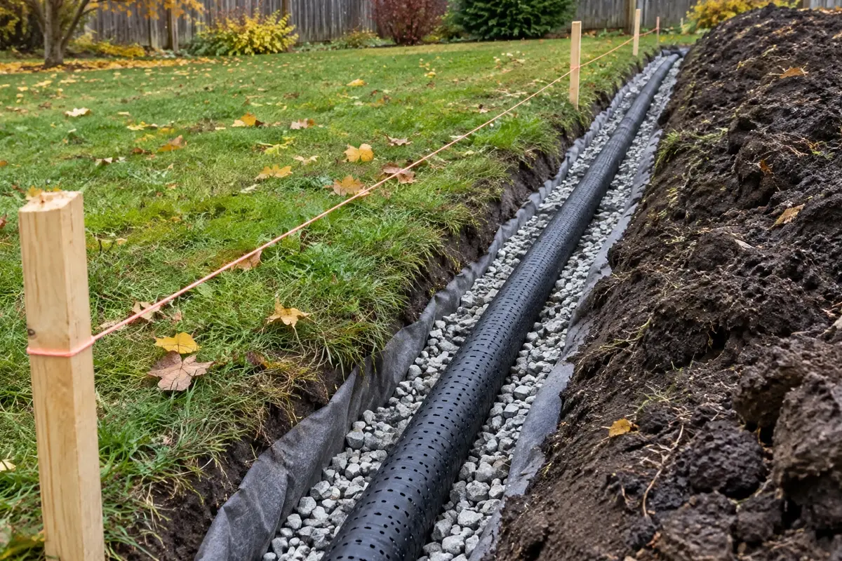 A McCandless Plumbing & Excavation drainage pipe installed in a gravel-lined trench.