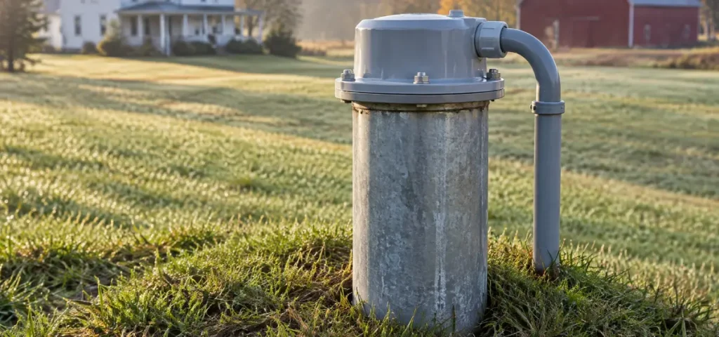 A water well head installed by McCandless Plumbing & Excavation in a grassy field.