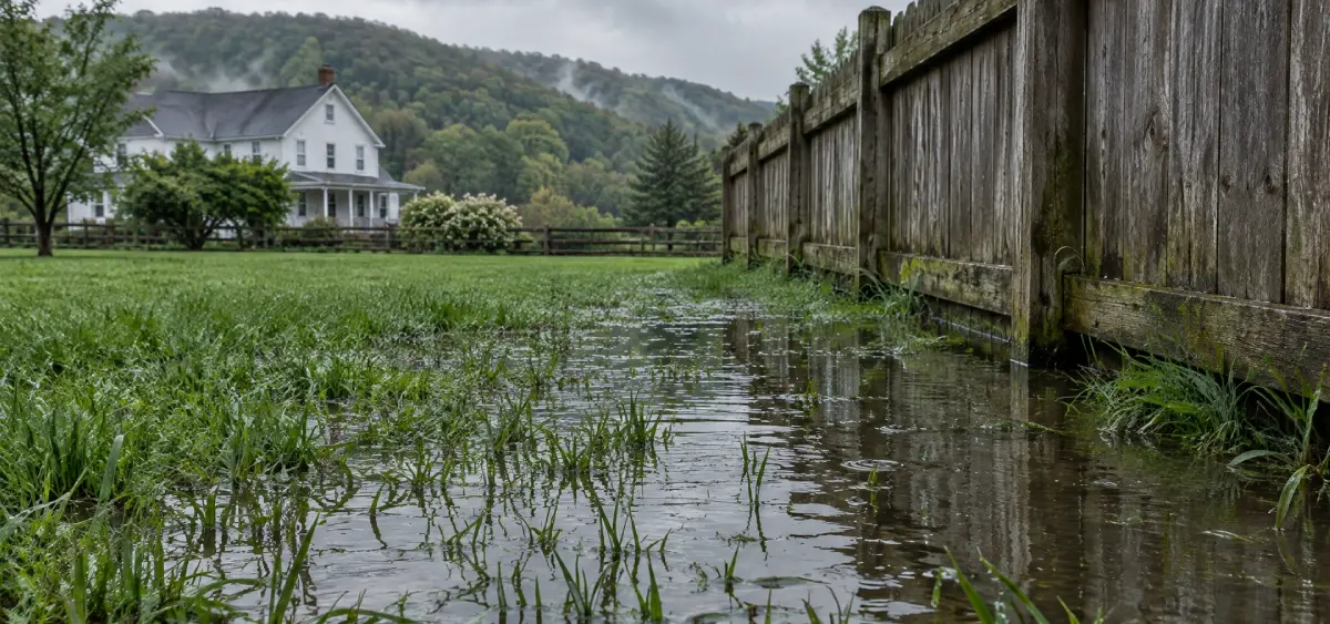 McCandless Plumbing & Excavation services are needed to address a flooded lawn by a fence and house.